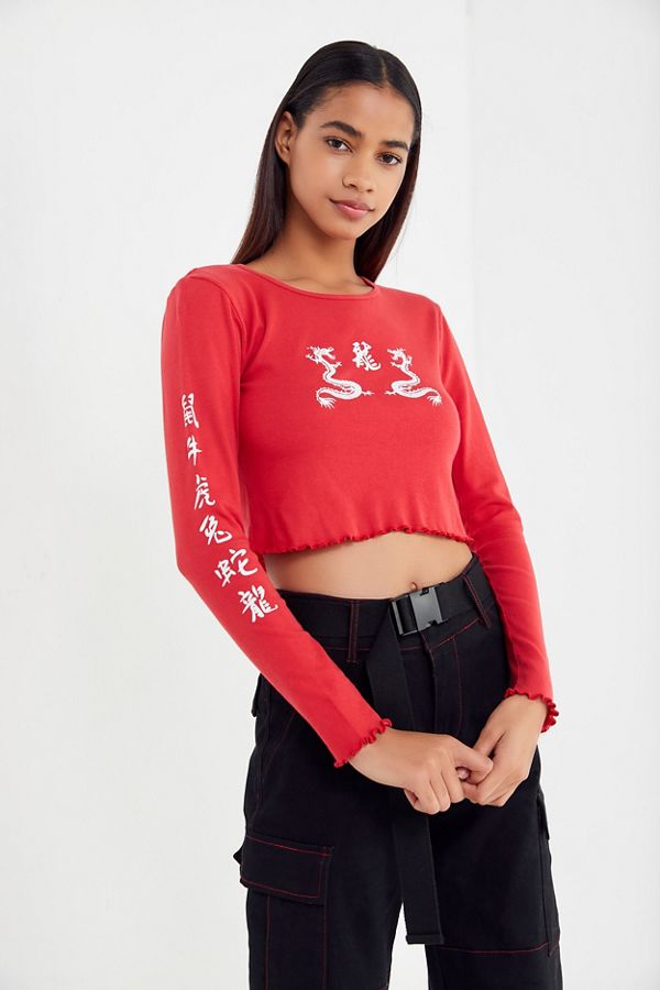 Truly Madly Deeply Dragon Long Sleeve Cropped Top | Urban Outfitters
