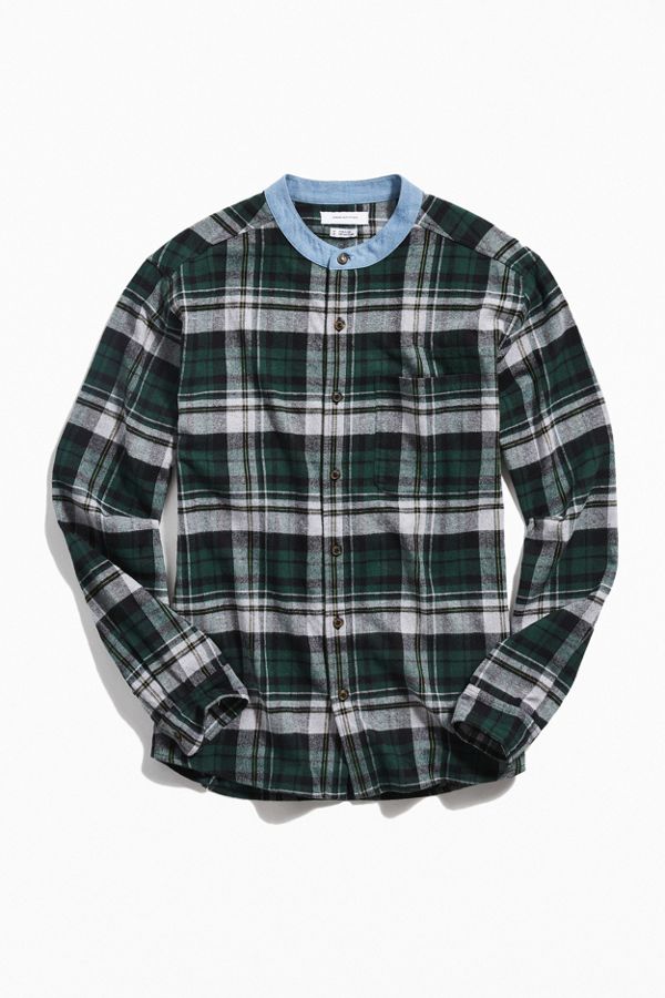 UO Band Collar Flannel ButtonDown Shirt Urban Outfitters