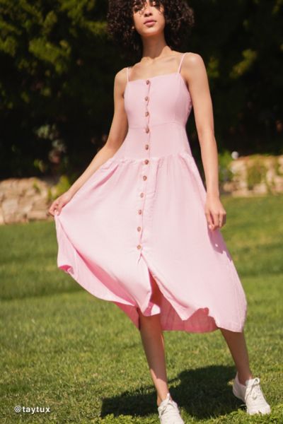 pink button down midi dress