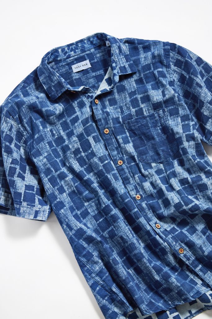Raga Man Indigo Blocks Short Sleeve Button-Down Shirt | Urban Outfitters