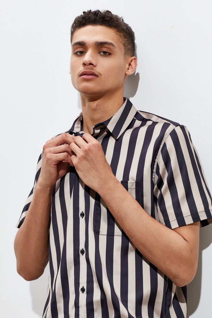 UO Basic Vertical Stripe Satin Short Sleeve Button-Down Shirt | Urban ...