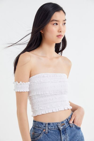 Uo Lena Smocked Off The Shoulder Cropped Top Urban Outfitters