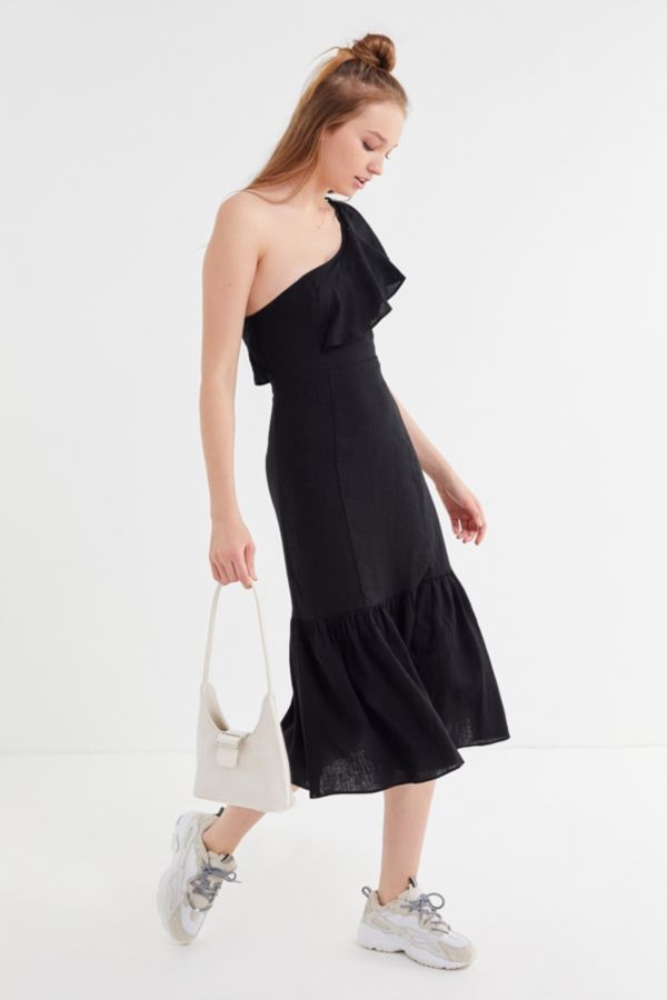 UO Carmen Linen One-Shoulder Ruffle Midi Dress | Urban Outfitters