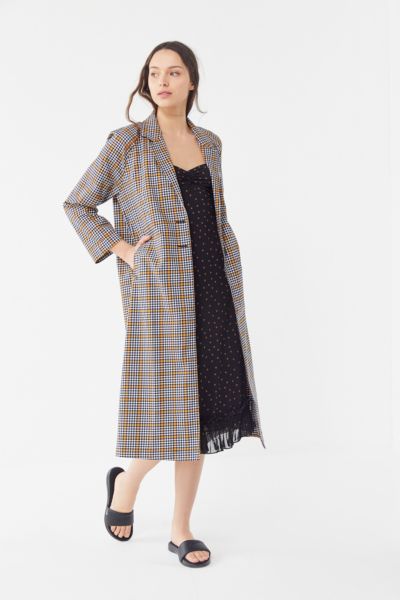 UO Checkered Button-Front Duster Coat | Urban Outfitters