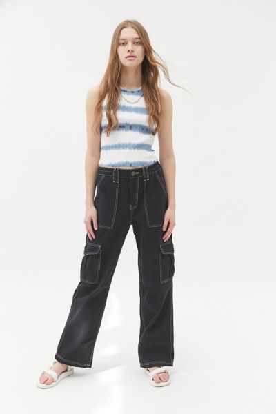 black mom jeans with white stitching