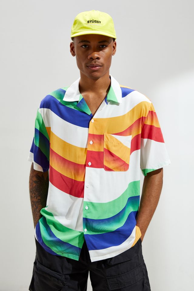 UO Rainbow Bands Rayon Short Sleeve Button-Down Shirt | Urban Outfitters