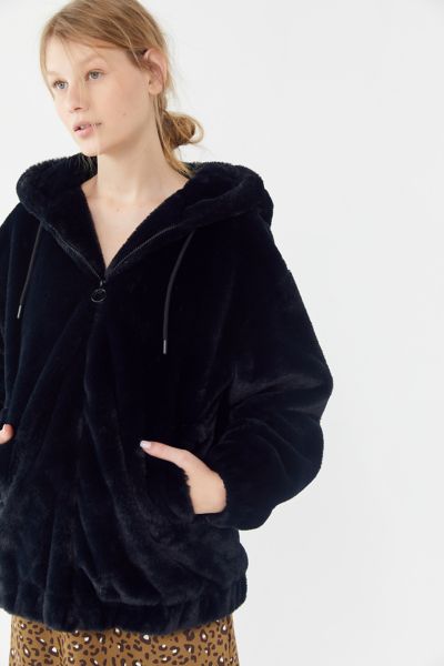 uo faux fur hooded bomber jacket