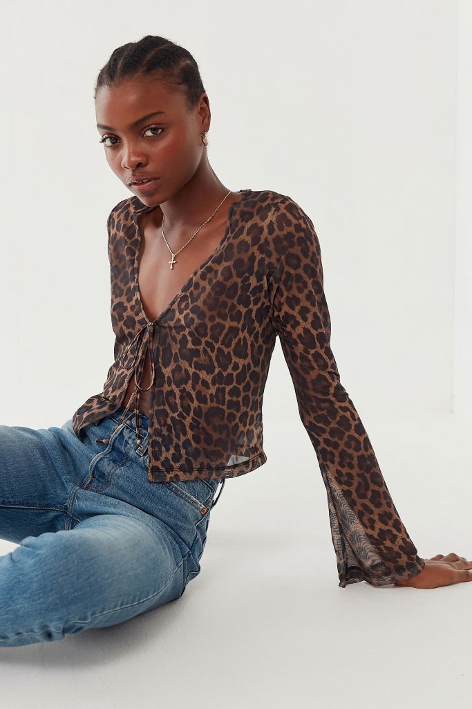 Motel Leopard Print Pique Tie-Front Blouse | Urban Outfitters