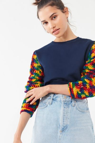 Urban Renewal Remade Crochet Sleeve Cropped Sweatshirt Urban Outfitters 8236