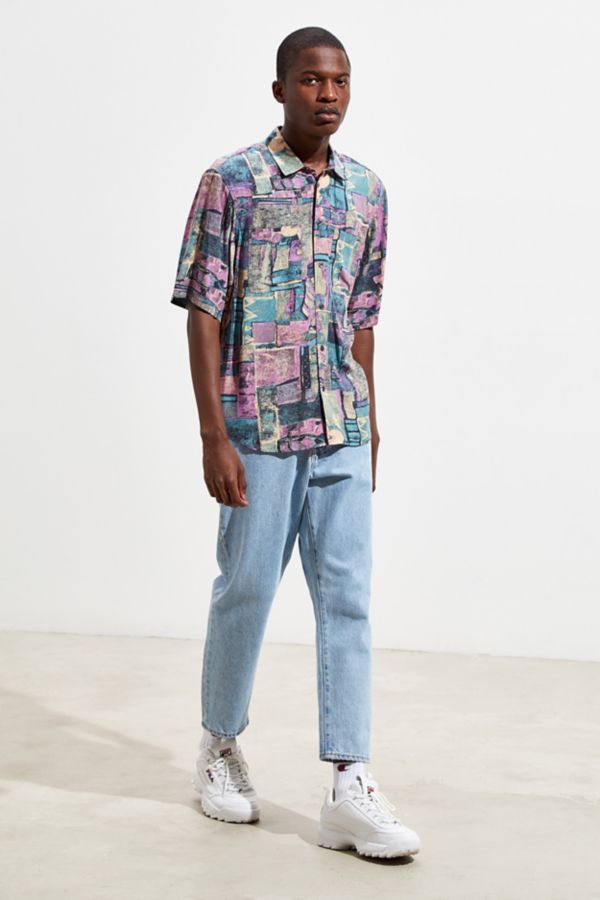 UO Printed Faux Silk Short Sleeve Button-Down Shirt | Urban Outfitters