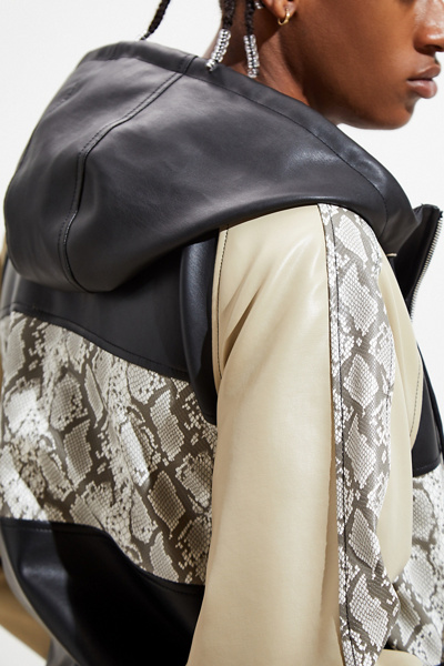 thumbnail image 2 of Calvin Klein Fauxleather Colorblock Bomber Jacket In White 2 of 14