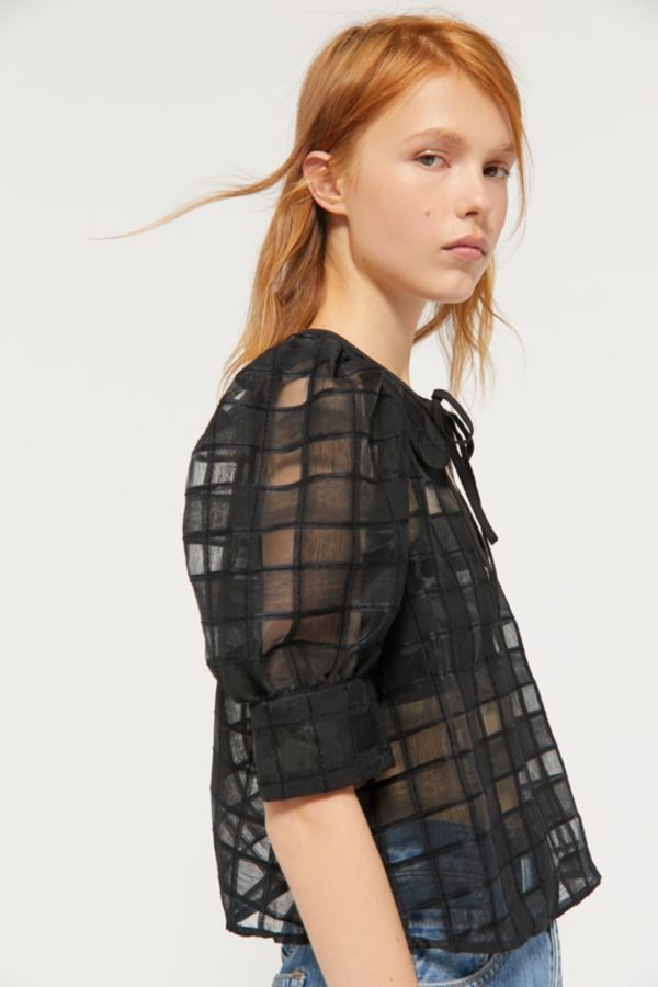 UO Checkered Chiffon Puff Sleeve Blouse | Urban Outfitters