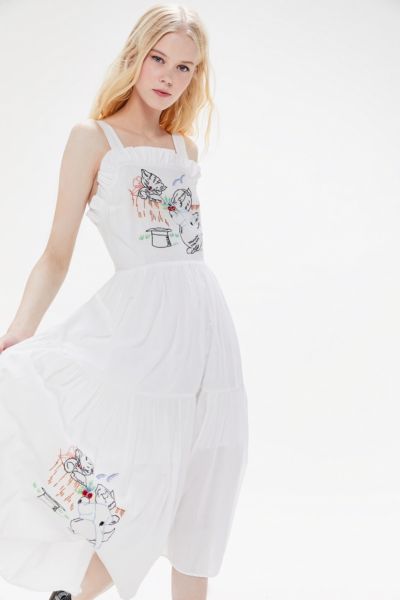 UO Cats In The Cradle Embroidered Tie-Back Midi Dress | Urban Outfitters