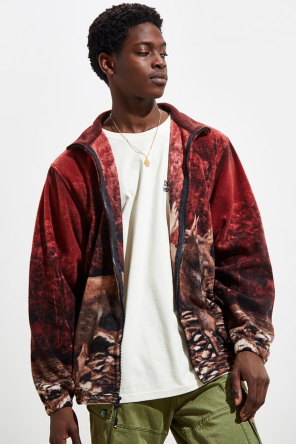 Moose Print Fleece Full-Zip Mock Neck Jacket | Urban Outfitters