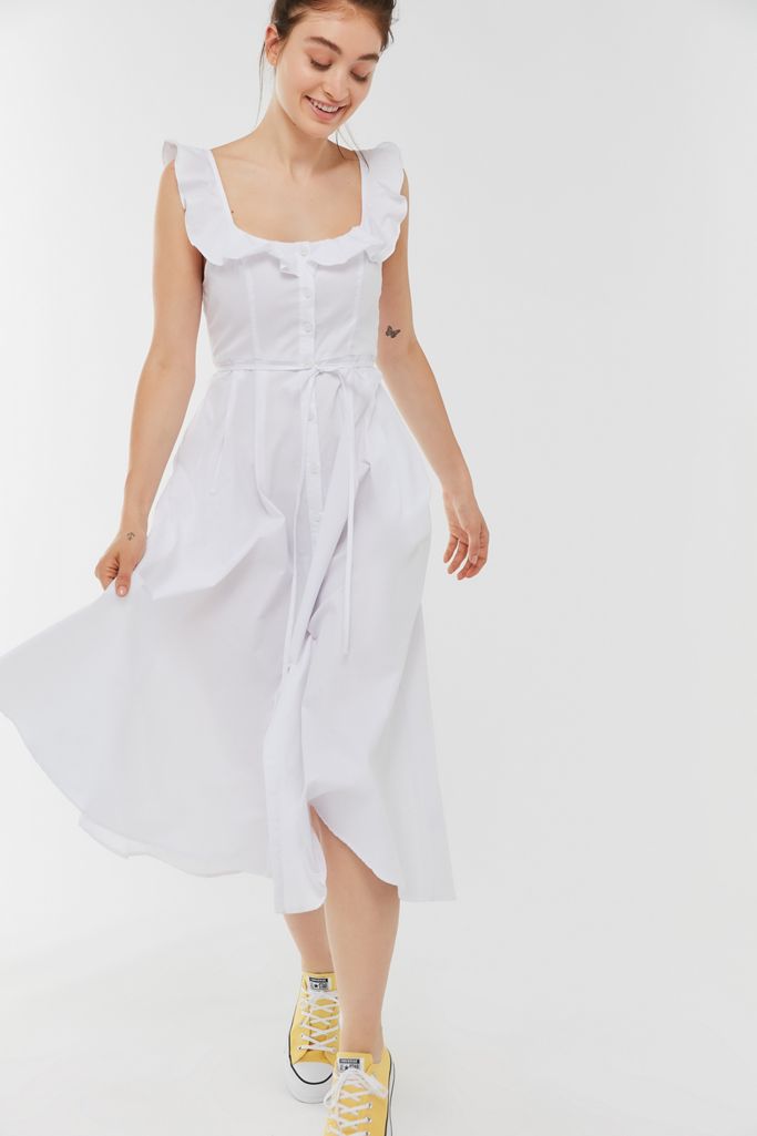 UO Poplin Ruffle ButtonFront Midi Dress Urban Outfitters Canada