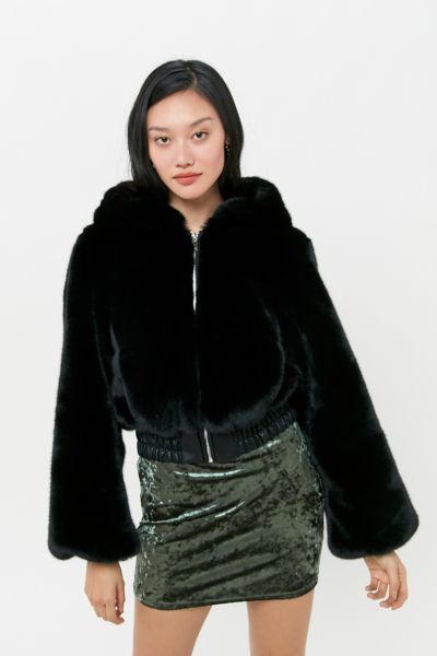 black faux fur cropped hooded jacket