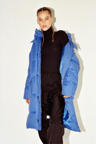 blue long puffer coat