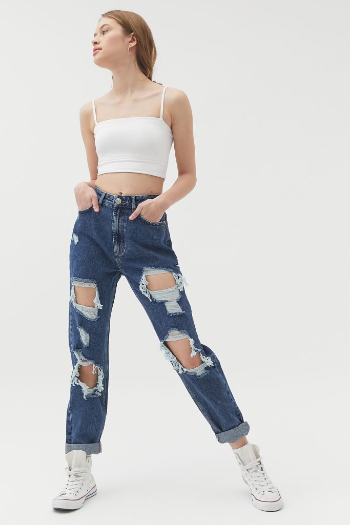 g High Waisted Mom Jean Destroyed Medium Wash Urban Outfitters