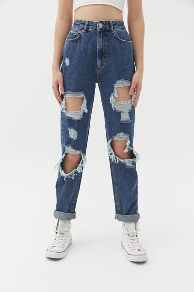 high waisted destroyed mom jeans