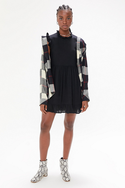 uo gabby ruffle babydoll midi dress