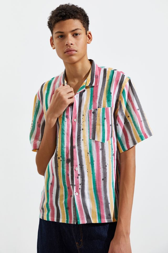 Whole Linen Painted Stripe Short Sleeve Button-Down Shirt | Urban ...