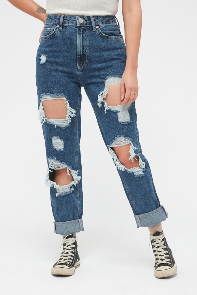 BDG Petite High-Waisted Mom Jean – Destroyed Medium Wash | Urban Outfitters