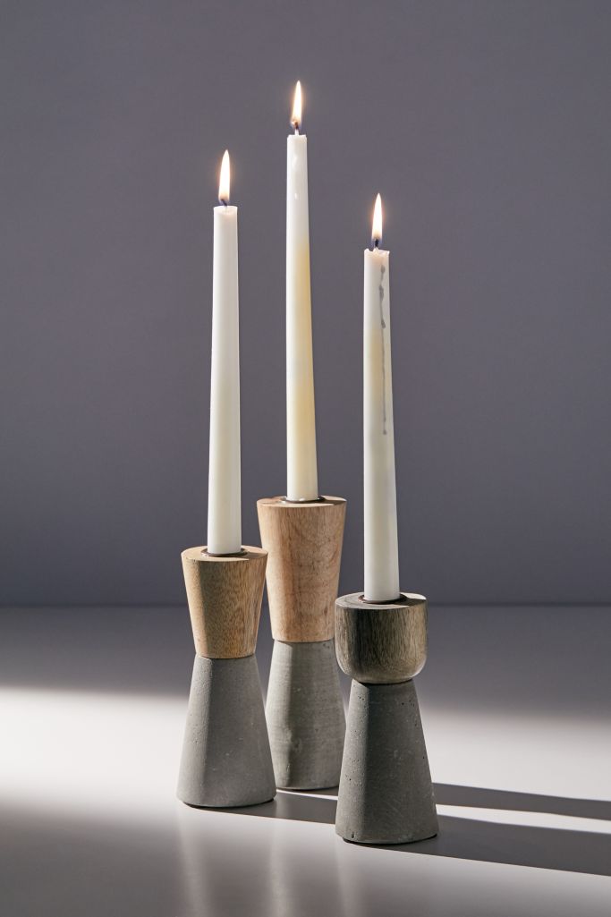 Cement And Wood Taper Candle Holder Set | Urban Outfitters