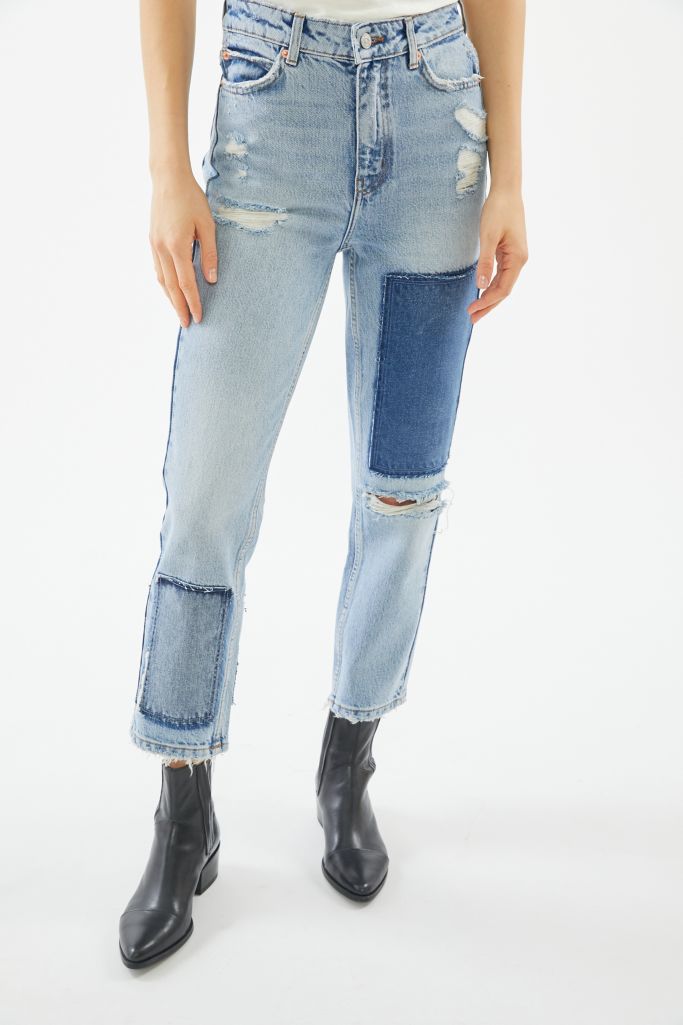 g High Waisted Slim Straight Jean Distressed Patchwork Denim Urban Outfitters