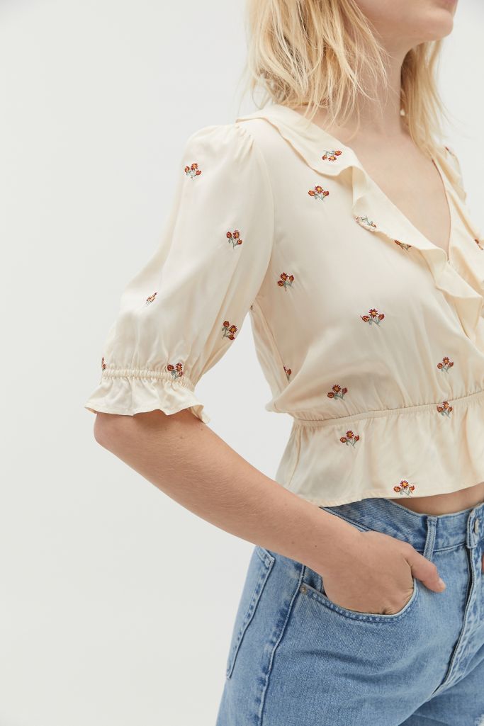 UO Embroidered Surplice Peplum Blouse | Urban Outfitters