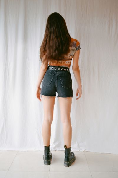 high rise black denim shorts