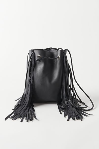 black fringe bucket bag