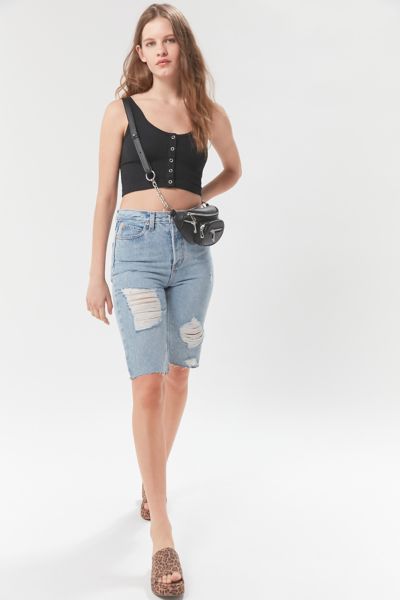 destroyed denim bermuda shorts