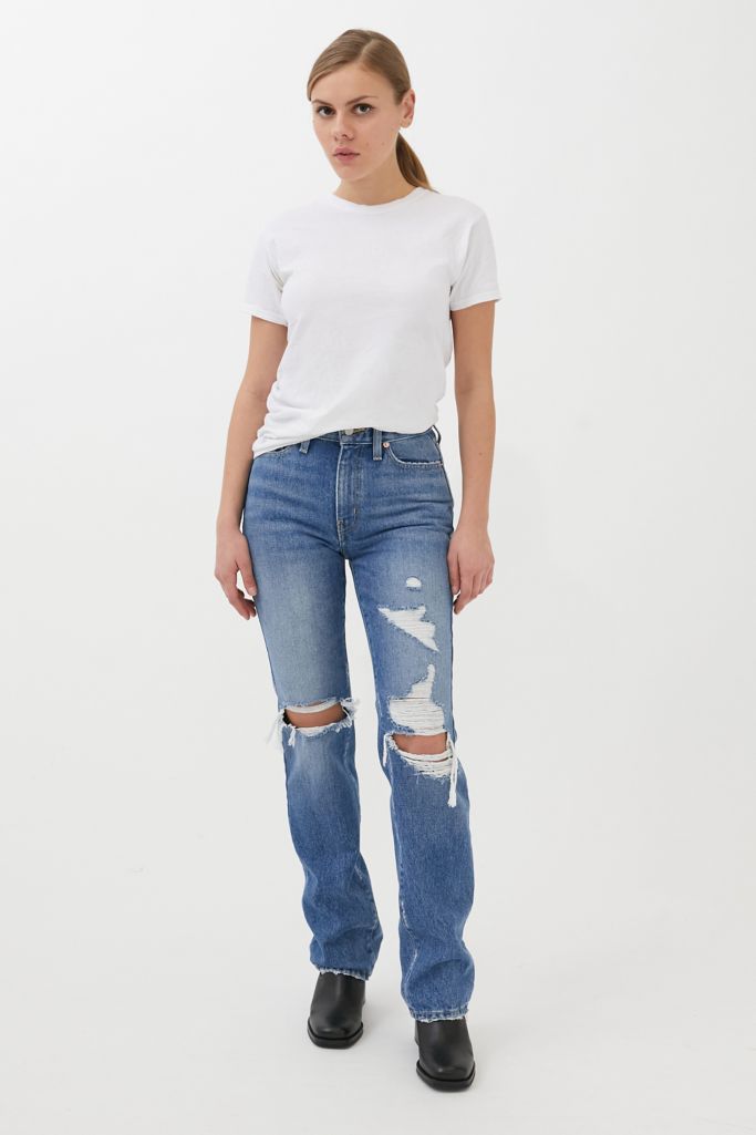 g Mid Rise Bootcut Jean Destroyed Medium Wash Urban Outfitters