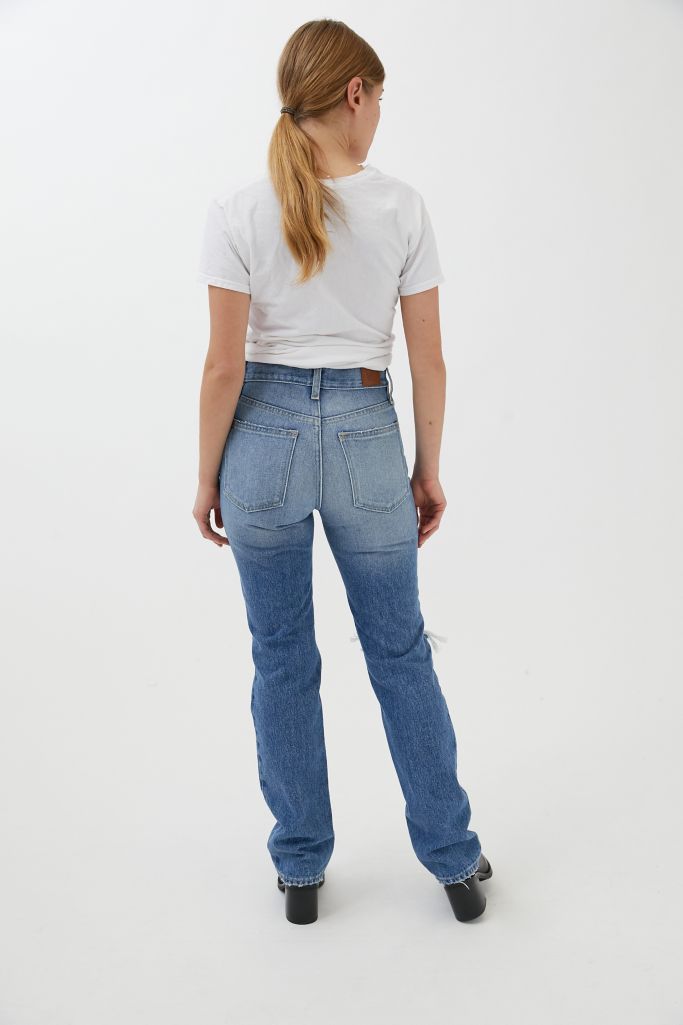 g Mid Rise Bootcut Jean Destroyed Medium Wash Urban Outfitters