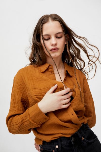 UO Luca Textured Gauzy Cotton Button-Down Shirt | Urban Outfitters