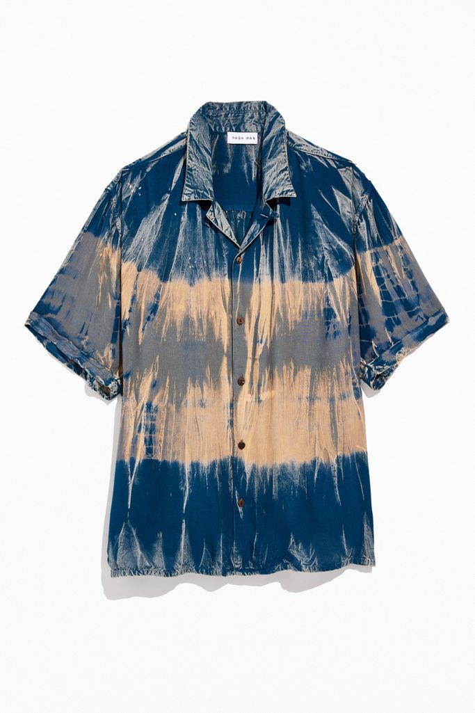 Raga Man Blue Tie-Dye Short Sleeve Button-Down Shirt | Urban Outfitters