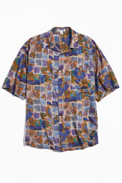 Vintage Brush Stroke Print Silk Short Sleeve Button-Down Shirt | Urban ...