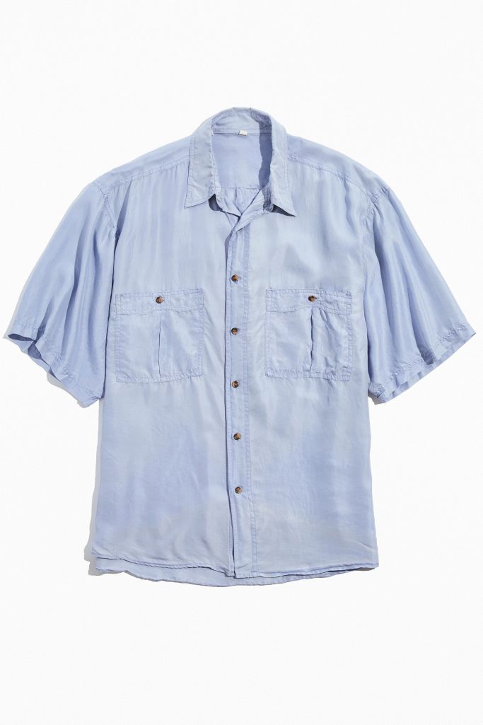 Vintage Baby Blue Silk Short Sleeve Button-Down Shirt | Urban Outfitters