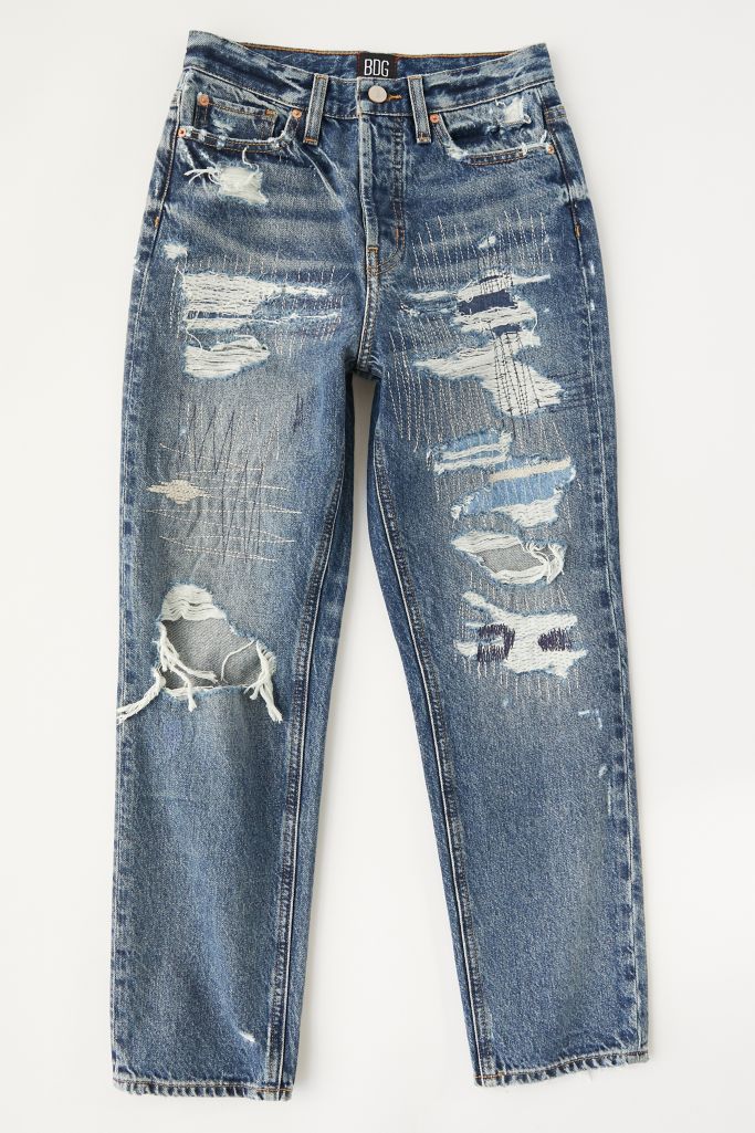 Bdg High Waisted Slim Straight Jean Ripped Medium Wash Urban Outfitters Canada 7697