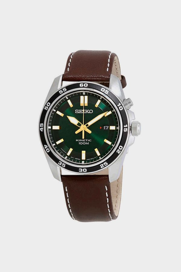 Slide View: 1: Seiko Kinetic Green Dial Brown Leather Men's Watch SKA791