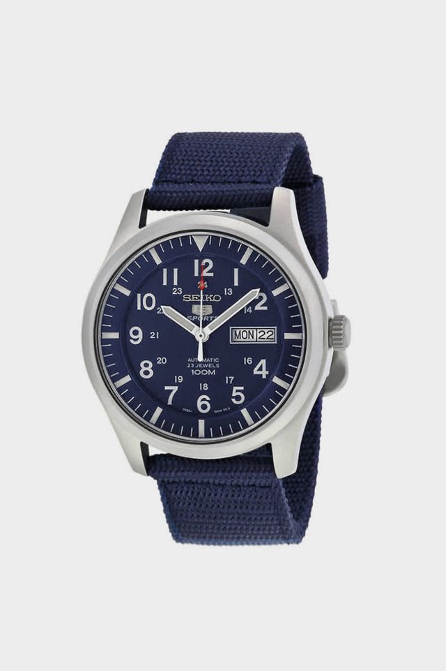 seiko 5 sport automatic navy blue canvas men's watch