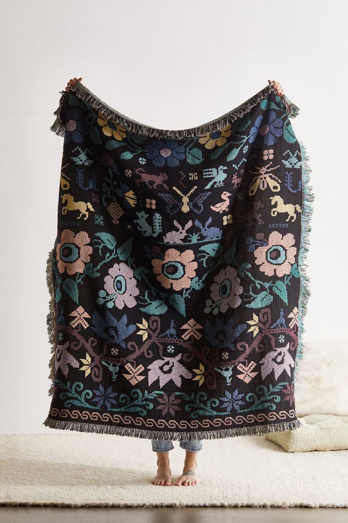 Folk Floral Woven Throw Blanket Urban Outfitters