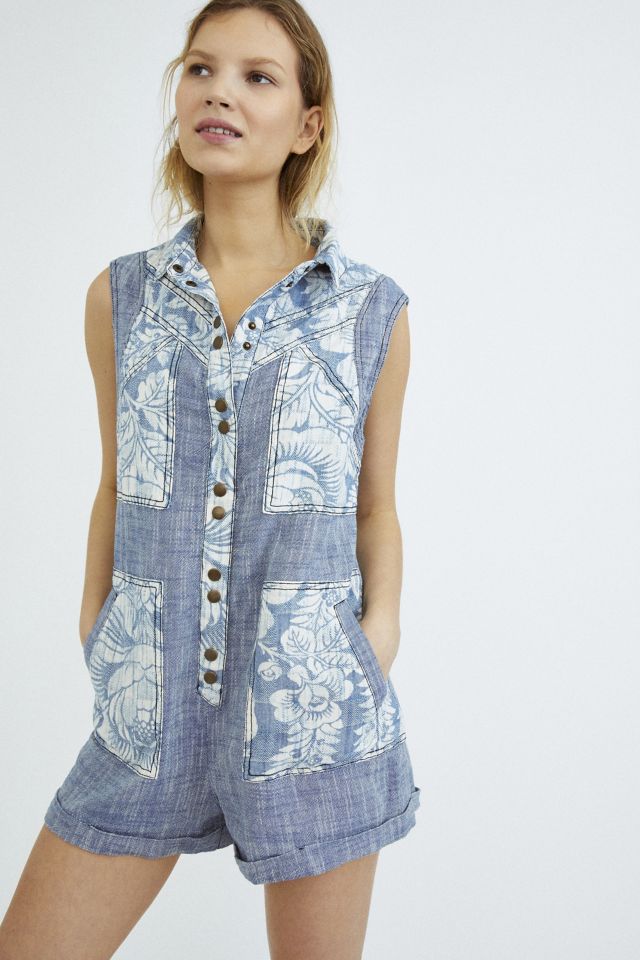 UO Blue Jean Button-Front Romper | Urban Outfitters Canada