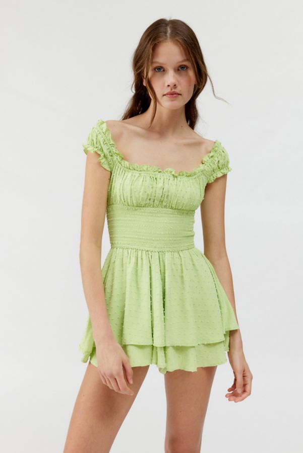 Slide View: 1: UO Rosie Smocked Tiered Capped Sleeve Ruffle Romper