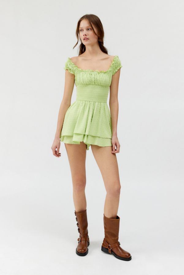 Slide View: 2: UO Rosie Smocked Tiered Capped Sleeve Ruffle Romper