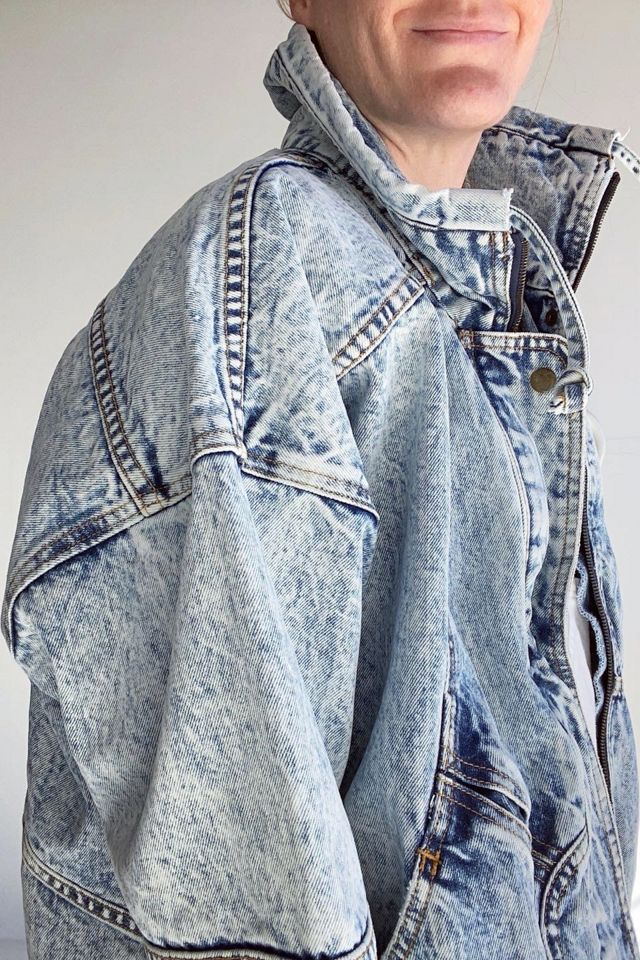 Vintage RARE 1980s Oversized Acid Wash Denim Jacket w Mock Neck Urban