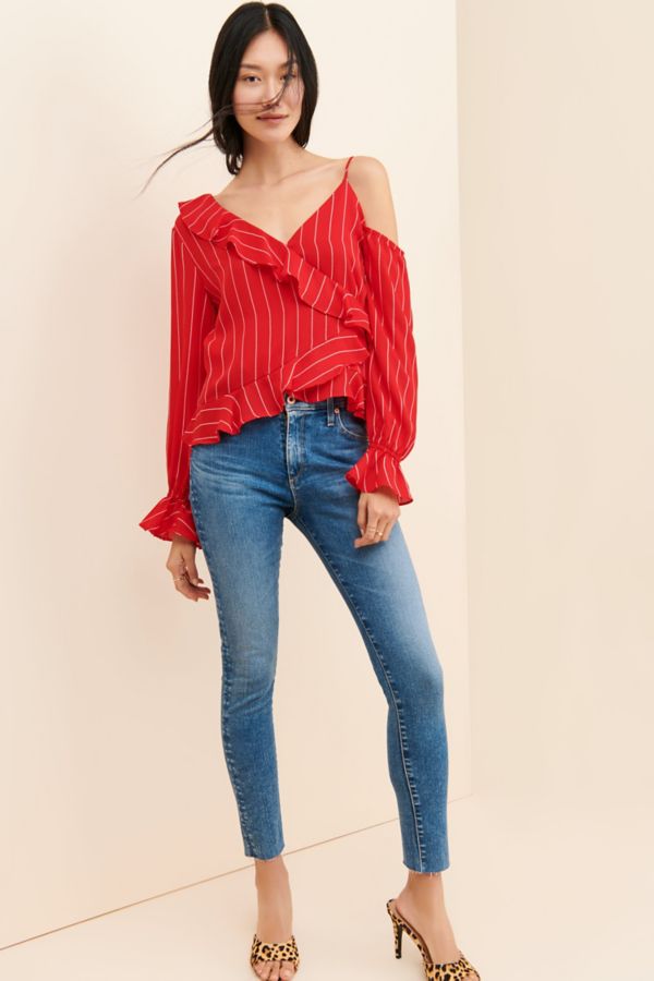 Slide View: 4: NuRode Open Shoulder Ruffle Blouse