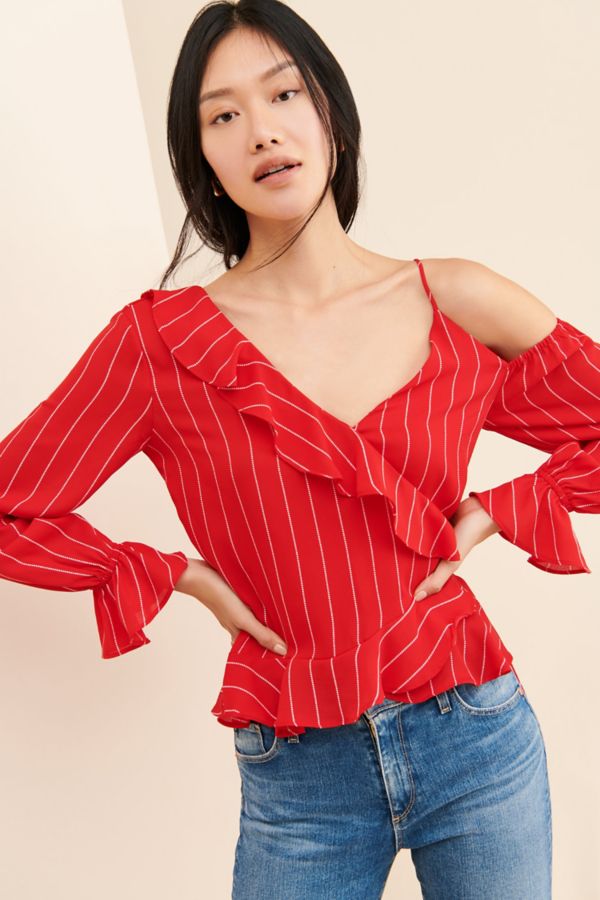 Slide View: 1: NuRode Open Shoulder Ruffle Blouse