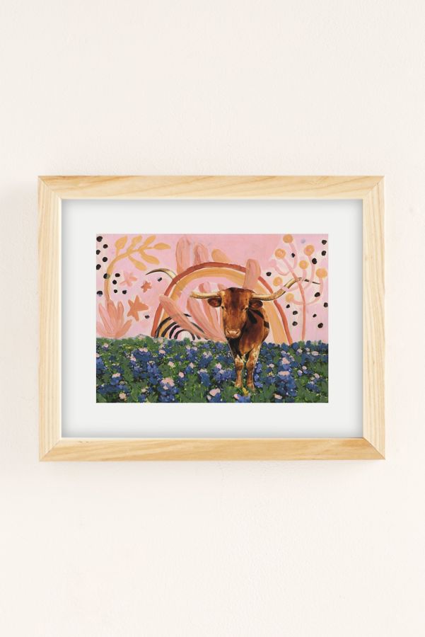 Slide View: 2: El Baker Rainbow Over Texas Longhorns And Bluebonnets Art Print