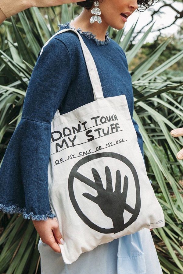 Slide View: 1: Third Drawer Down Don't Touch My Stuff Tote Bag x David Shrigley